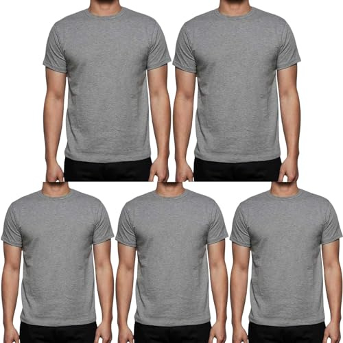 Gaffer Mens T Shirts Plain Crew Neck Cotton Top Tees Workwear Undershirts Gym Running Workout Classic Basic T-Shirt Short Sleeve 5 Pack - Grey XL