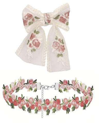 UYRVAPE Boho Fleur Dentelle Collier Ras Du Cou Rose Rose Chaîne Ras Du Cou Vintage Floral Collier Ras Du Cou Bijoux pour Femmes Adolescentes, avec 1pcs barrettes à cheveux à gros nœud