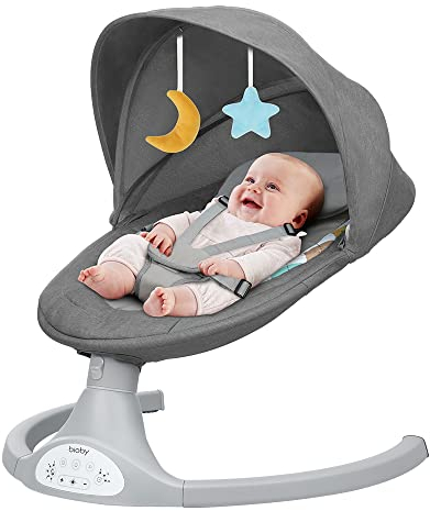 Bioby Sdraietta Neonati, Dondolo Neonati Elettrico con 5 Ampiezza di Dondolio, Telecomando, Bluetooth e Cintura a 5 Punti, Altalena Elettrica per Bambini da 2 a 9 kg, 0 a 10 Mesi (Grigio)