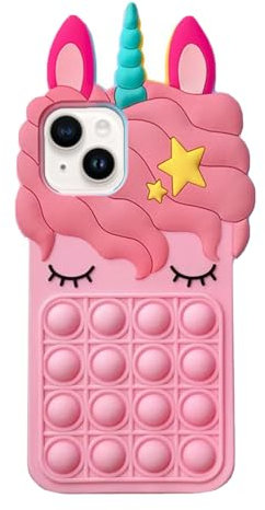 Asgens Fidget Pop Hülle für iPhone 13/14, Niedliches Hellrosa Magisches Einhorn Druckentlastende Push Bubbles, weiche Silikon-Handyhülle für Apple 13/14 6.1 Zoll