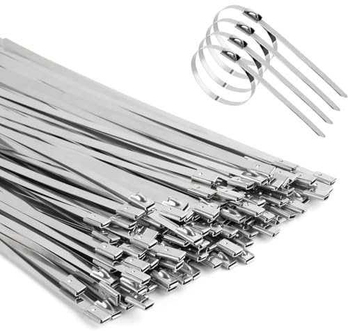 Viuxule Metal Cable Ties 100 Pack, Zip Ties Stainless Steel, 4.6x200mm Heavy Duty 220 lbs, Multi Self Locking Wrap Tie, Binding Cable for Machinery, Exhaust Wrap, Pipes, Farms, Cables, Poultry Fence