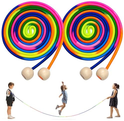 HOSHINO 16 FT Long Jump Rope for Kids, Adjustable Groups Rope Skipping with Wooden Handle, Multiplayer Rainbow Jumping Rope for Outdoor Fun, School Sport, Party Game (Wooden Round Handle, 2PCS)