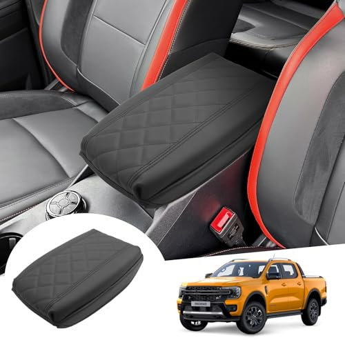 GAFAT Kompatibel mit Neu Ford Ranger T9 2023 2024 2025 (Elektronische Bremse) Mittelarmlehne Abdeckung, Ranger Raptor Wildtrak Mittelkonsole, PU Mikrofaser leder, 4 CM Erhöht Verdickt