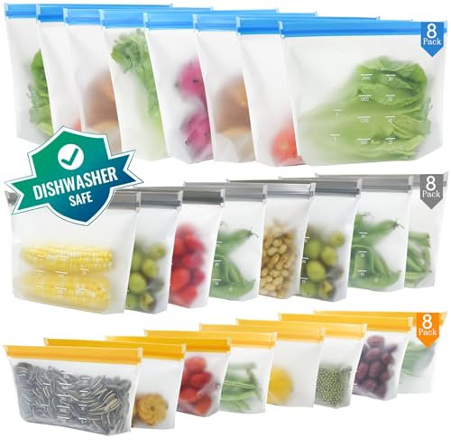 24 Pack Reusable Freezer Bags, BPA Free Reusable Sandwich Bag, Silicone Freezer Bags for Food Storage, Gallon Reusable Silicone Food Bag for Keeping Sandwich, Snack, Fruit, Meat, Veg Fresh