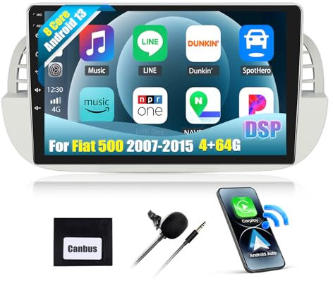 CAMECHO 8-Core 4+64G 9 Pollici Autoradio per Fiat 500 2007-2015, Android 13 Bluetooth Radio con Wireless Carplay Android Auto WIFI GPS FM/RDS DSP Mirror Link +Canbus IPS Touchscreen