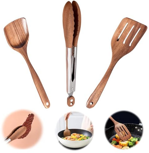 Raheem 3 Stück 30cm Küchenutensilien Set Holz 2 Stück Pfannenwender Holz +1 Stück Holzzange Küche Olivenholz ideal für BBQ, Salat, Toaster Kchen Spatel Set Schutz Vor Kratzer für Pfanne,Hitzebestndig