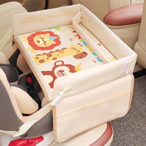 WNYAILLL Tavolino Auto, Vassoio da Seggiolino, Vassoio da Viaggio, Tavolino Auto per Bambini, Vassoio Multifunzione per Ragazze Maschi, Tavolino per Seggiolino Auto(Beige 2)