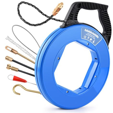 Kabeleinziehhilfe 50m, 4,5mm, Einziehspirale inkl. 7 Adapter, Einziehhilfe für Leerrohre, Einziehfeder für Leerrohr, Zugdraht, Kabelzieher für Kabel & Elektroinstallationen