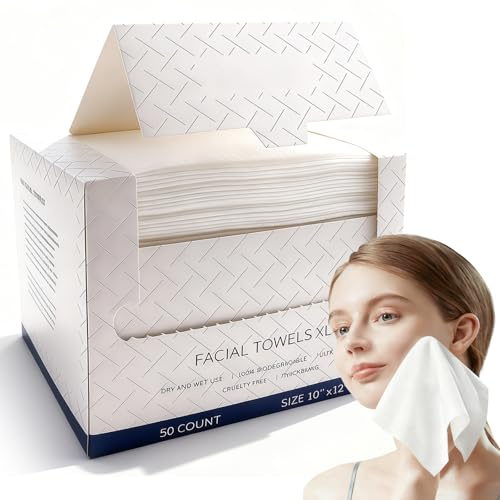 Disposable Face Towels 50Count (1 Box),Clean Towels XL,25x30cm Dry Wipes for Women Sensitive Skin Cleansing, Skincare and Makeup Remover, Super Soft Faces Towe
