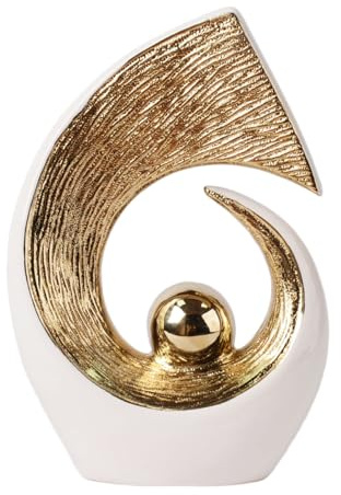 HAUCOZE Modern Skulptur Dekor Abstrakte Statue Figur Feiertag Geschenk 25cm | Weiß-Gold Keramik Arts Handgefertigte Ornament Trendiges Kunst für Schlafzimmer Wohnzimmer Büro
