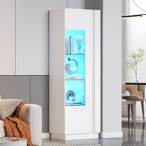 Merax Vitrinenschrank Transparente Vitrine mit LED-Beleuchtung, Hochschrank Hochglanz Weiß mit Acryltür, 3 Glasboden, 2 Staufach, Sammlervitrine Bücherregal Standvitrine für Wohnzimmer Büro, 180cm