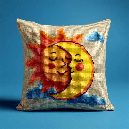 AxiangziK Cartoon-Stil Kreuzstich Set Vorgedruckt,Sonne und Mond,Gobelin Stickbilder Kreuzstich Kissen Stickkissen Kreuzstichkissen/Stickkissen-Set,45x45cm