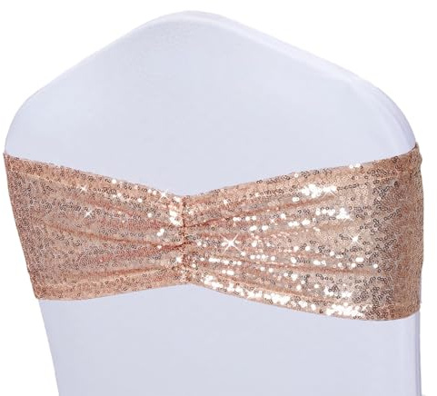 3E Home Rose Gold Sequin Chair Sashes, 20 PCS Sparkly Folding Chair Covers Bow for Party Wedding Reception Decorations