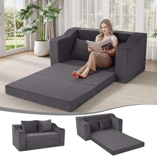 MeMoreCool 2-in-1 Schlafsofa, Ausziehbares Loveseat-Sofa, Faltbare Matratze und Schlafsessel, Corduroy-Schlafcouch für Schlafzimmer, Wohnzimmer & Lounge, Klappsofa mit Kissen, Grau