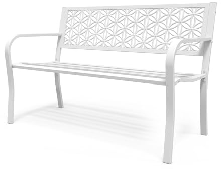 Bonnlo Garden Bench for 2-3 Seaters, Outdoor Patio Bench with Floral Back, Sturdy Metal Construction Garden Seat, White
