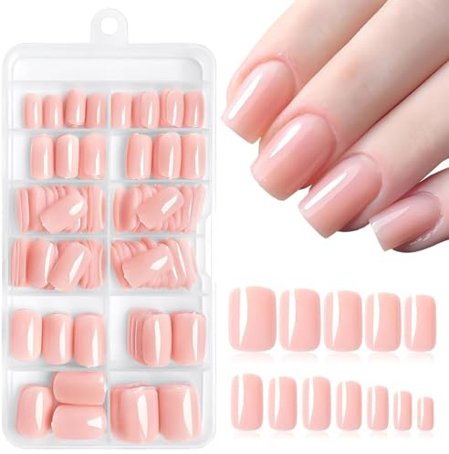 TESGADGETS 240 pièces faux ongles courts rose et couleur chair à coller avec bandes adhésives, ongles acryliques couleur peau, faux ongles carrés