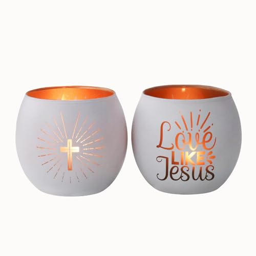 Photophores blancs Love Like Jesus - Lot de 2 photophores en verre avec croix et doublure intérieure en or - Cadeaux religieux, déco de Pâques, cadeaux chrétiens pour baptême, première communion