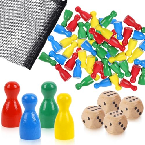 FAYAHAR 64 Stück Spielfiguren für Brettspiele, Bunte Spielfiguren und 4 Stück Würfel aus Holz mit Säckchen zur Aufbewahrung, für Flugschach, Dame, Brettspiele (4 Farben)