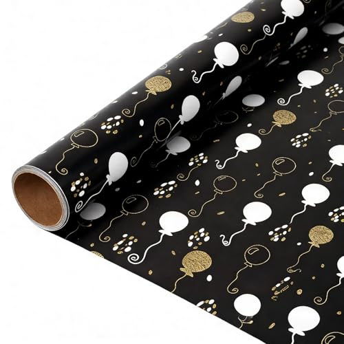 Komforbaa Rouleau de Papier Cadeau Noir 43 cm × 10 m, Décor Ballon Doré, Papier Emballage Cadeau pour Anniversaire, Fêtes et Enfants