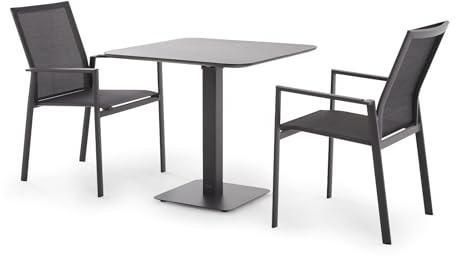 Liadomo Balkon-Set Limbadi/Torano - 2 Stapelstühle mit Klapptisch 80x80 cm - Textil-Gartenstühle - Bistrotisch Aluminium anthrazit - wetterfest - Outdoor - Gartenmöbel-Set