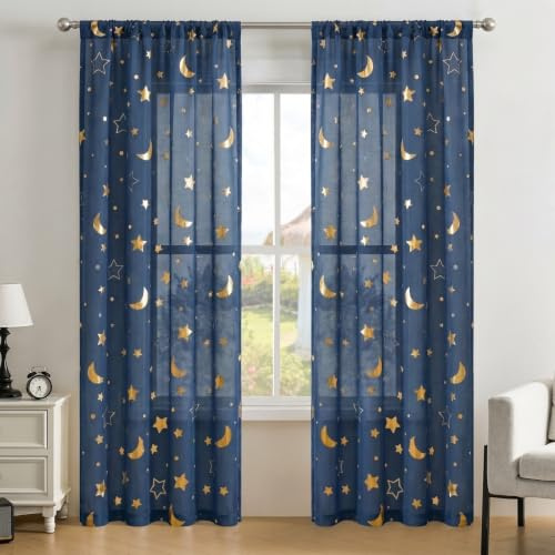 Gazal Vole Blaue Stern Mond Voile Gardinen, Goldmuster, B132 x H244 cm | 2er Set halbtransparente Polyester Voile Gardinen mit Stangendurchzug, weicher Lichtfilter für Wohnzimmer, hohe Fenster