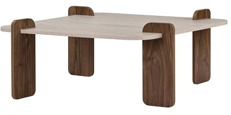 Hanah Home Stilvoller Couchtisch, 90 cm, Travertin & Walnuss, 100% melaminbeschichtet, 18 mm stark | Werkzeuglose Montage, modernes Design