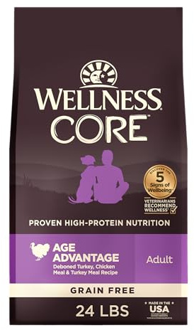 Wellness CORE Age Advantage Senior Dry Dog Food, Grain Free Kibble, Natural, High Protein, Turkey and Chicken Recipe, 24 lb Bag