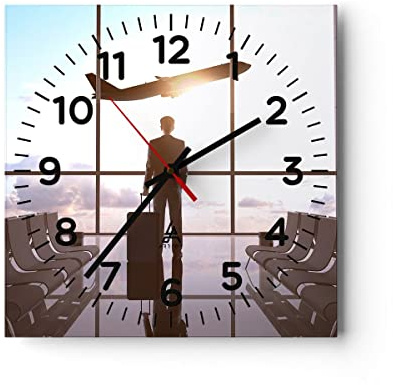 ARTTOR Moderne Glasuhr 30x30cm Quadrat Wanduhr Menschen Reisen - 2507 | Flughafen Saal Architektur Glas Analog Wanduhr Lautlos Wanddekoration Wohnzimmer Küche Wanddeko Küchenuhr Geräuschlos ARTTOR