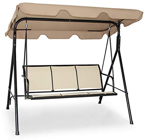 COSTWAY 3 Seater Garden Swing Chair, Outdoor Indoor Canopy Powder Coated Steel Cushioned Seaters, Patio Metal Hammock Swinging Bench Lounger Seat, 240KG (Brown)