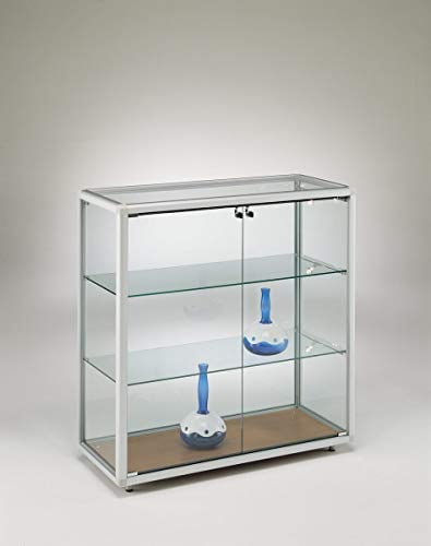 MHN Halbhohe Glasvitrine mit Rollen T 42,5 x B 79 x H 95 cm - breite Thekenvitrine Glas abschließbar - Flache Verkaufsvitrine - ohne Beleuchtung
