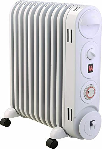 MYLEK Oil Filled Radiator Heater Electric, Portable 2.5KW White, Thermostat and 24hr Repeat Timer, 3 Heat Settings, Unique Safe Panel Fin Design (2500W White)