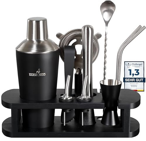 BARMINGO® Edelstahl Cocktail Set 11tlg. – 700 ml Cocktail Shaker Set mit Ständer und Bar Zubehör, Cocktailshaker Set | Barkeeper Set | Cocktail Mix Set | Bar Set | Geschenkset | Schwarz & Silber