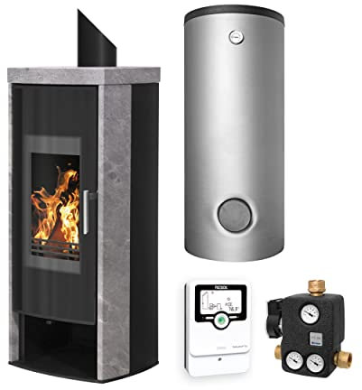 Schmitzker KS2706 Calera wasserführender Kaminofen Topplatte Speckstein Komplett-Set mit Pufferspeicher 300 L
