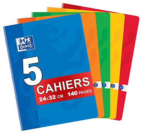 OXFORD Classique Lot de 5 Cahiers Agrafés Grands Formats 24 x 32cm 140 Pages Grands Carreaux Seyès Couleurs Assorties