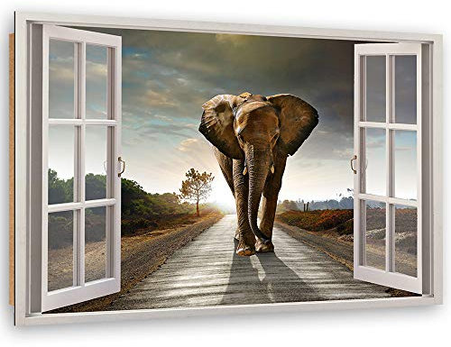 Feeby - Wandbilder Wohnzimmer 60x40 cm, Deko Paneel Bilder, Bilder für Schlafzimmer, Echter Gemalter Effekt, Moderne Wanddeko, Gemälde - Fensterblick, Elefant - Grau