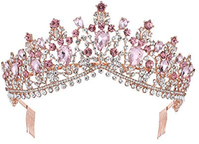 Minkissy Women Tiara with Comb, Crystal Crown Rhinestone Tiaras Headband Queen Princess Bride Crown for Lady Woman Girl (golden und rosa Strass)