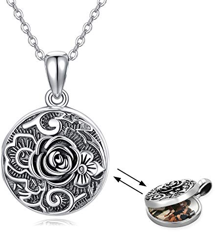 Medaillon Kette Silber 925 Oxidiert Rose Blume Medaillon Foto Anhänger Kette Amulett zum öffnen für Bilder Foto Amulett Halskette Familie Valentinstag Muttertags Geschenke für Damen/Mutter/Tochter