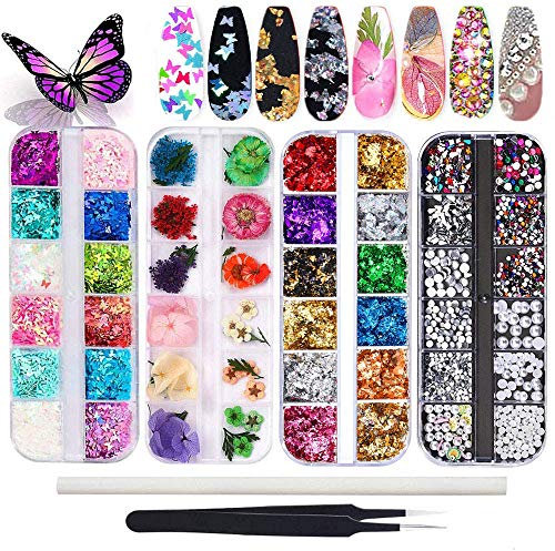 Kalolary Nail Dried Flowers, Schmetterling Pailletten Nagellack, Nagelaufkleber aus Aluminiumfolie, Nail Art Strass mit Pinzette Nail Art Strass Picker Pencil, für 3D Nail Art Design DIY Dekorationen