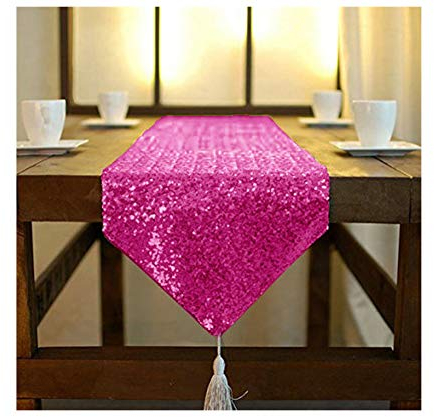 ShinyBeauty Tovaglietta con Frange Rosa Shocking 12x72 Pollici, Tovagliette con Paillettes per Decorazioni a Tema di Doccia Nuziale, Copritavola Fucsia in Sequin Overlay per Feste