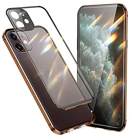 Jonwelsy Hülle Kompatibel mit iPhone 11 (6.1), 360 Grad Vorne und Hinten Gehärtetes Glas Transparente Case Cover mit Kamera Objektivschutz, Stoßfest Metallrahmen Handyhülle für iPhone 11 (Gold)
