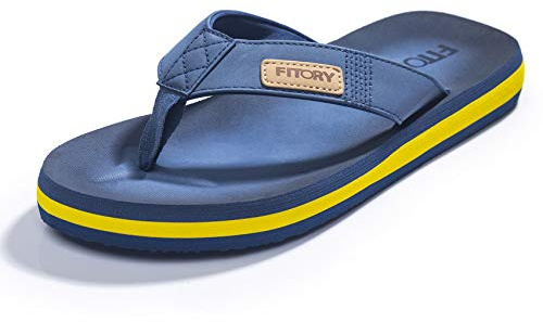 FITORY Mens Flip Flops Comfy Thongs Lightweight Anti-Slip Summer Beach Shoes Blue/Yellow Size 8