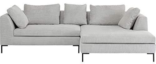 Kare Design Ecksofa Gianni Cord, Grau, Eckcouch mit breiter Ottomane rechts, 5 Kissen, Cord Bezug, Holz Korpus, Stahlfüße, 88x290x167 cm (H/B/T)