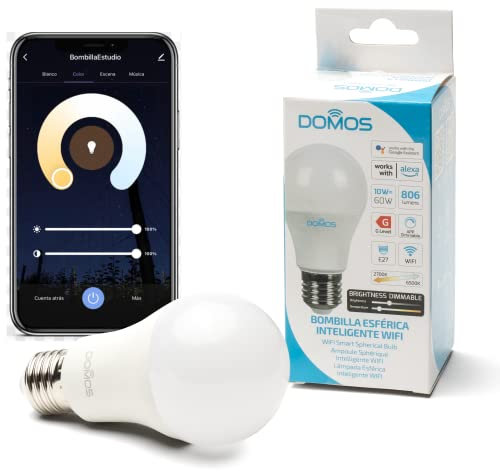 Domos - Bombilla Wifi Inteligente LED de Luz Blanca Cálida y Fría de 10W | Bombilla E27 Regulable y Programable Compatible con Alexa y Google Assistant | Cambio de Temperatura de Color e Intensidad