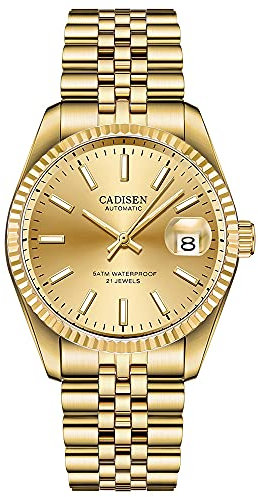 CADISEN Automatik Uhr Herren Mit Gangreserve Mechanische MIYOTA 8215 Edelstahl Saphirglas (Gold)