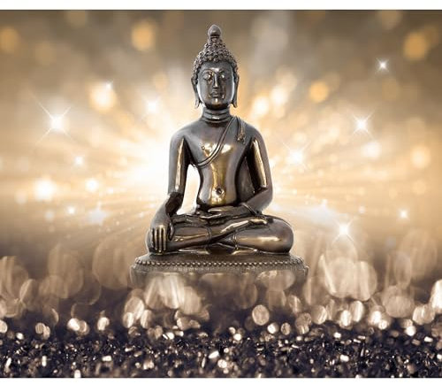 decomonkey - Papier Peint Panoramique Adhésif Bouddha 147x105 cm - Stickers Muraux Chambre Déco XXL Autocollant - Vert beige noir - Asie lueur bouddha feng shui orient sculpture lumière zen doré
