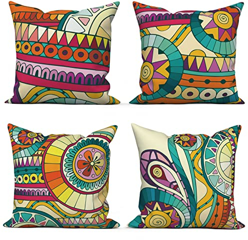ASDCXZ Kissenbezug Boho 40x40 cm 4er Set, Retro Geometrie Blume Muster Rot Sofa Dekokissen Kissenbezüge Kissenhülle Waschbar Polyester Flachs Textil Outdoor Polster Kopfkissenbezug Kissen Bezug