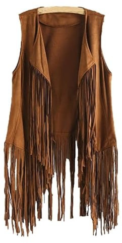 Reoyloep Giacca hippie da donna, senza maniche, frangia, finta pelle scamosciata, vintage, nappe, cardigan, cachi, m