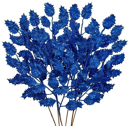 Briful 6 hojas de acebo artificiales con purpurina azul de 23 pulgadas para decoración de árbol de Navidad, hojas artificiales para arreglos florales, decoración del hogar