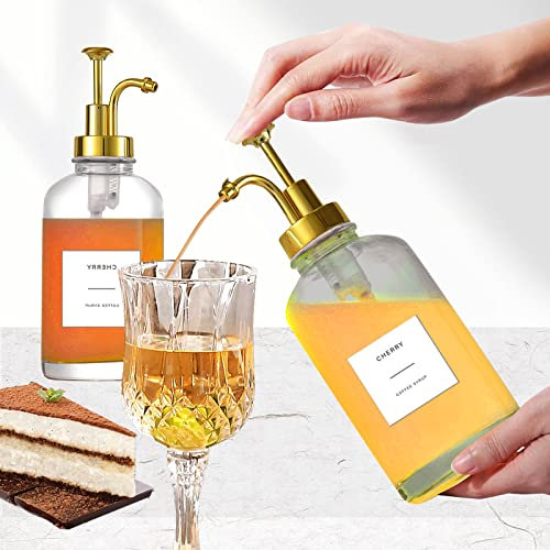 Lot de 2 Distributeurs de Sirop à Café avec 36 étiquettes, Bouteille de sirop en Verre avec Pompe, Distributeur de Pompes, pour Accessoires de Bar à Café, 500 ML