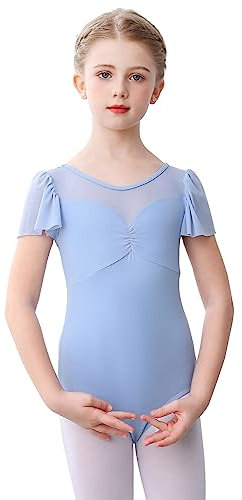 Bezioner Ballettkleidung Mädchen, Ballett Trikot Kinder Mesh Ballettanzug Puffärmel TanzBody for 2-10 Jahre Blau 120(4-6 Jahre)